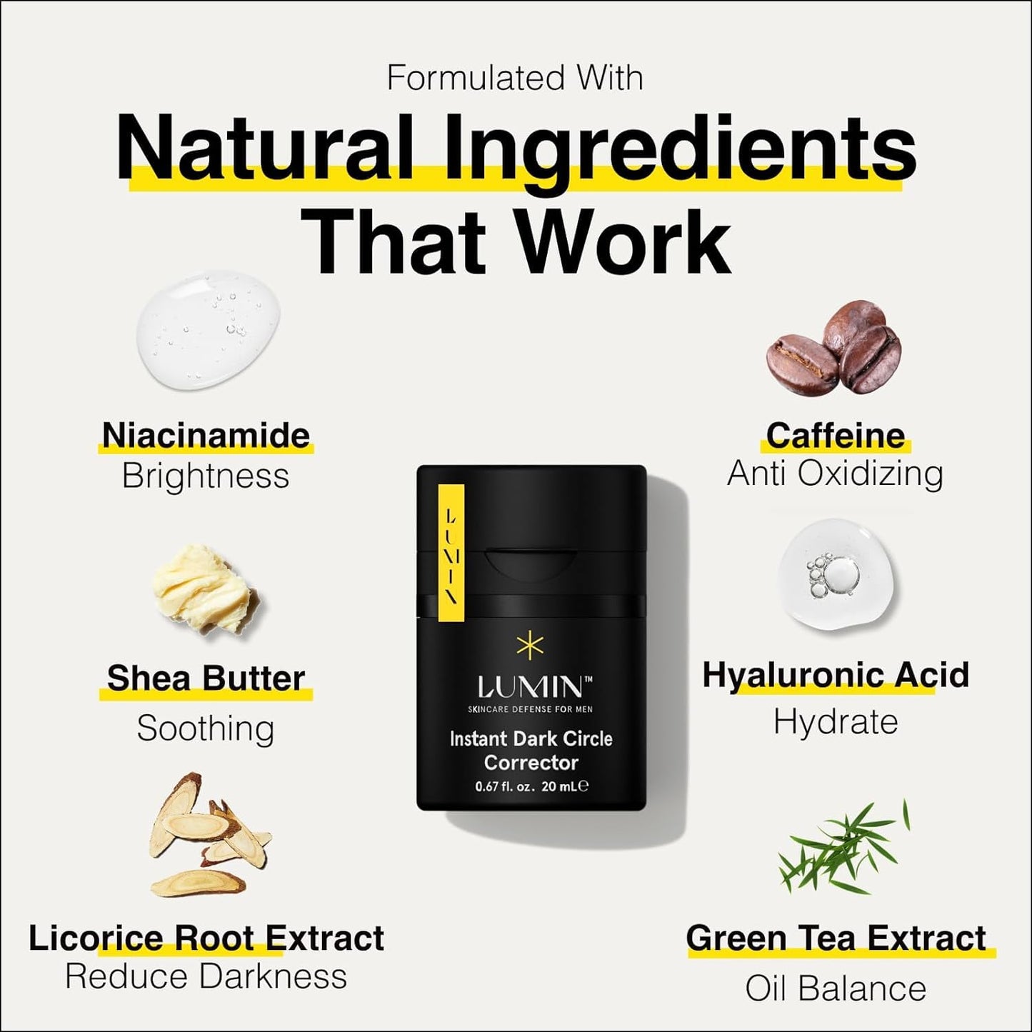 Lumin Instant Dark Circle Corrector for Men (Not A Concealer), Reduce The Look of Dark Circles, Puffiness, Under Eye Men Makeup, Men's Color Correcting Eye Cream, 20mL