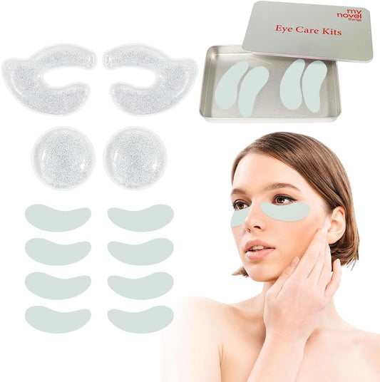 Reusable Eye Gel Cooling Pads and Silicone Eye Patches 6 Pairs, Eye Wrinkle Patches Reusable Under Eye Mask Plump Fine Lines, Hot Cold Treatment for Redness, Tin Case(Grey)