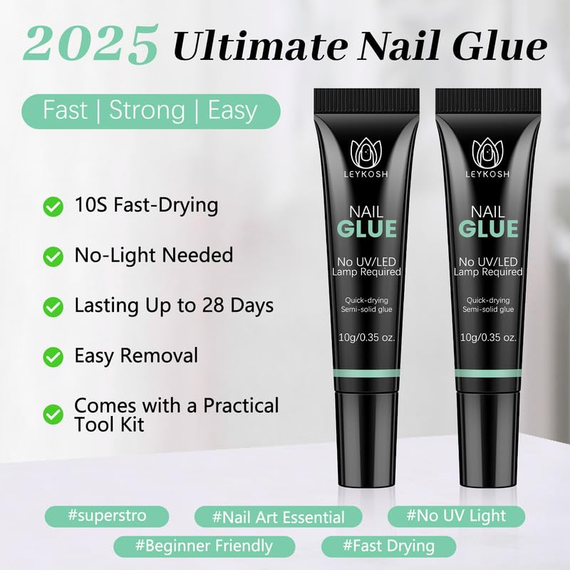 Nail Glue for Press Ons, 10s Fast-Drying No U V Light Needed - Upgrade Super Strong Semi Solid Nail Glue Last Up to 28+ Days & Easy to Remove, 10g*2 High Capacity Suitable for Fake & Acrylic Nail Tips