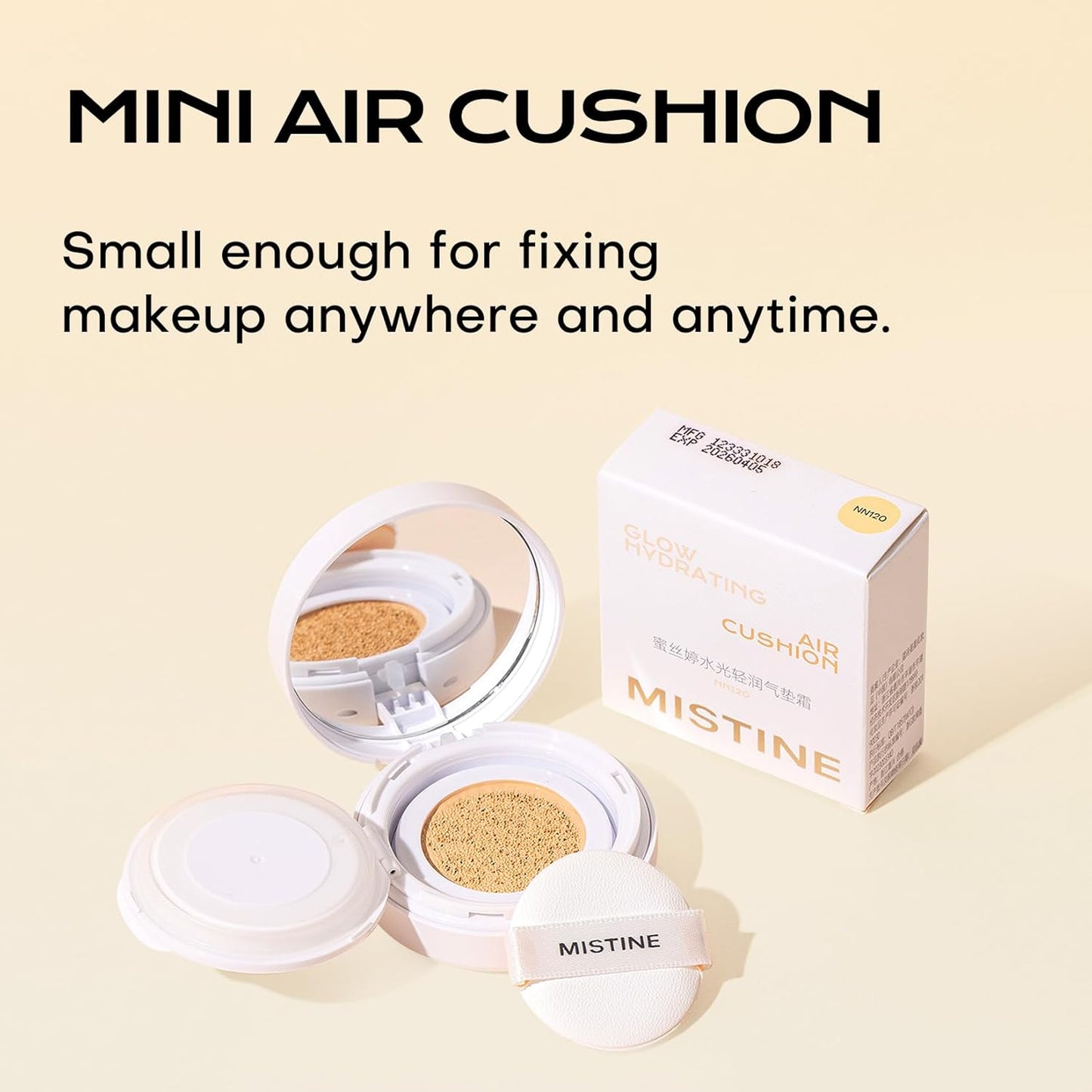 MISTINE Tavel Size Air Cushion Foundation Glow Hydrating Finish Medium Coverage Foundation Makeup for Dry Skin,24H Hydrating Long-Lasting Waterproof Smudge Proof, Fair Ivory
