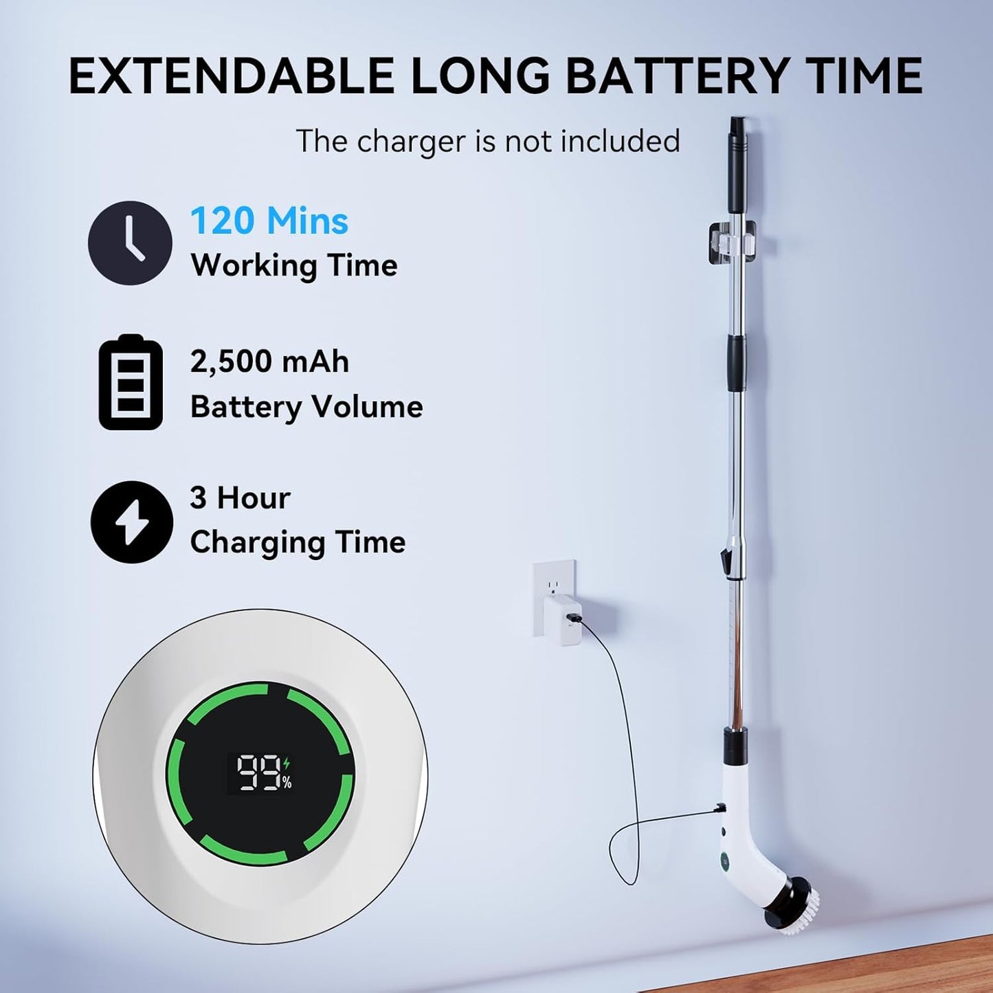 Electric Bathroom Cleaning Brush, Cordless Spin Scrubber Full Body Waterproof IPX7 with Adjustable Handle, 8 Replaceable Brush Heads for Bathtub/Kitchen/Window/Home -SD-CTB01