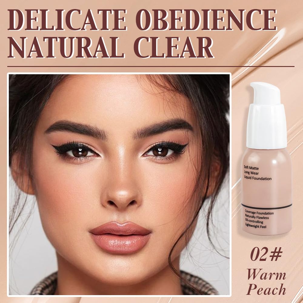 Matte Liquid Full Coverage Foundation, Flawless Soft Matte 24HR Oil Control Full Coverage Foundation Makeup for Women, Long-Lasting Waterproof Full Coverage, 02# Warm Peach(02, Pack of 1)