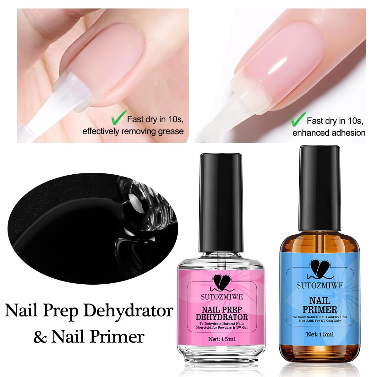 15 ml Nail Dehydrator and Primer Set, Acid Free Natural Prep Dehydrate & Bond Primer, Professional Nail Prep Kit for Acrylic Nails Gel Polish Manicure Nails Supplies Fast Dry