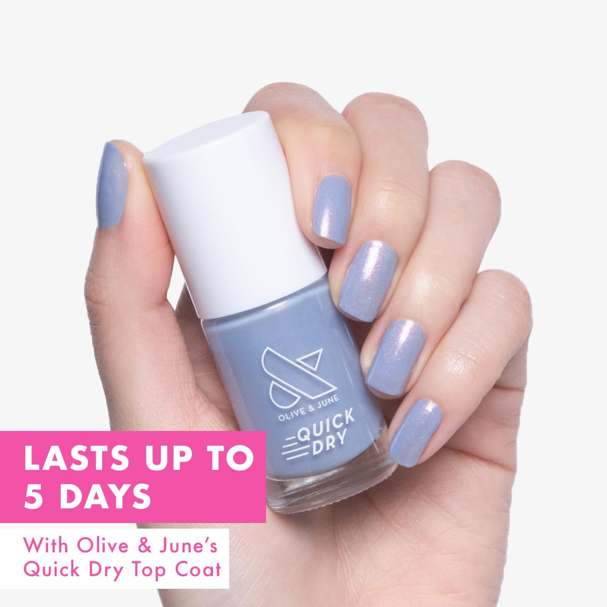 Olive & June Quick Dry Nail Polish | Instant, Fast-Drying, Smudgeproof Color | 15-free, Vegan, Cruelty-Free Formula | Lasts up to 5 Days | Salon-Quality Manicure at Home | Charming Periwinkle Shimmer