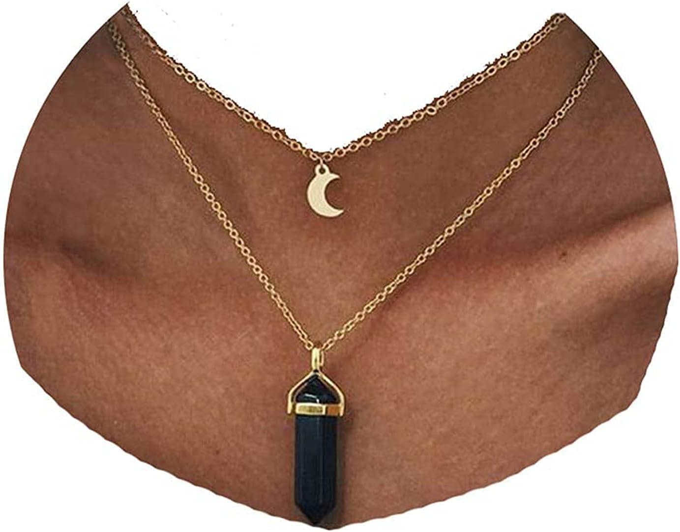 Boho Layered Moonstone Necklace Chain Gold Moon Pendant Necklace Black Hexagonal Stone Necklace Jewelry for Women