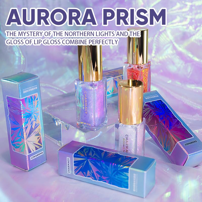 CHARMACY Aurora Chameleon Moisturizing Lip Gloss, MultiColor Shifting Shimmer Lip Gloss, Hydrating Non-Sticky Formula Glitter Lip Glaze, Easy to Apply, Long-Lasting, High-Shine Sheer Finish #01