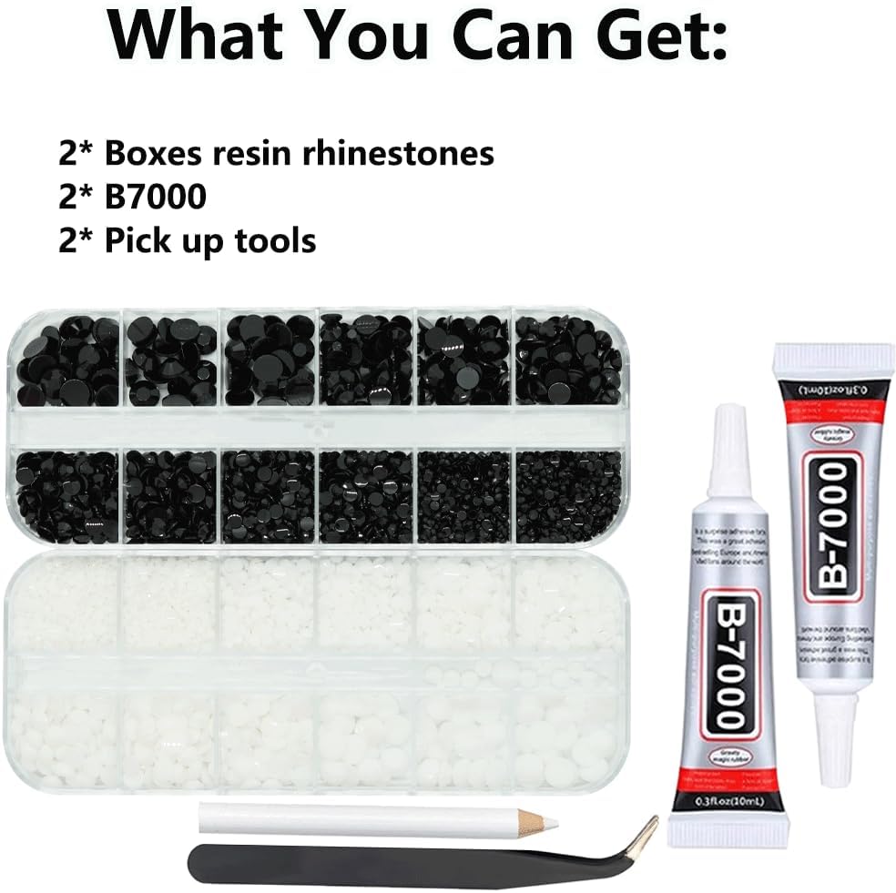 Black And White Rhinestones for Bedazzling With B7000 Glue, 2mm 3mm 4mm 5mm 6mm (SS8-SS30) Non-Hotfix Flatback Nail Gems Beads, Nail Crystals Diamond Kit for Bedazzle Crafting, Nails DIY Art