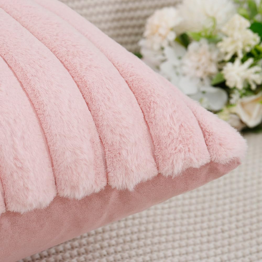 MADIZZ Set of 2 Faux Wool Plush Decorative Throw Pillow Covers 16x16 Inch Pink Fluffy Striped Soft Decorative Cushion Cover for Sofa Bedroom Pillow Shell