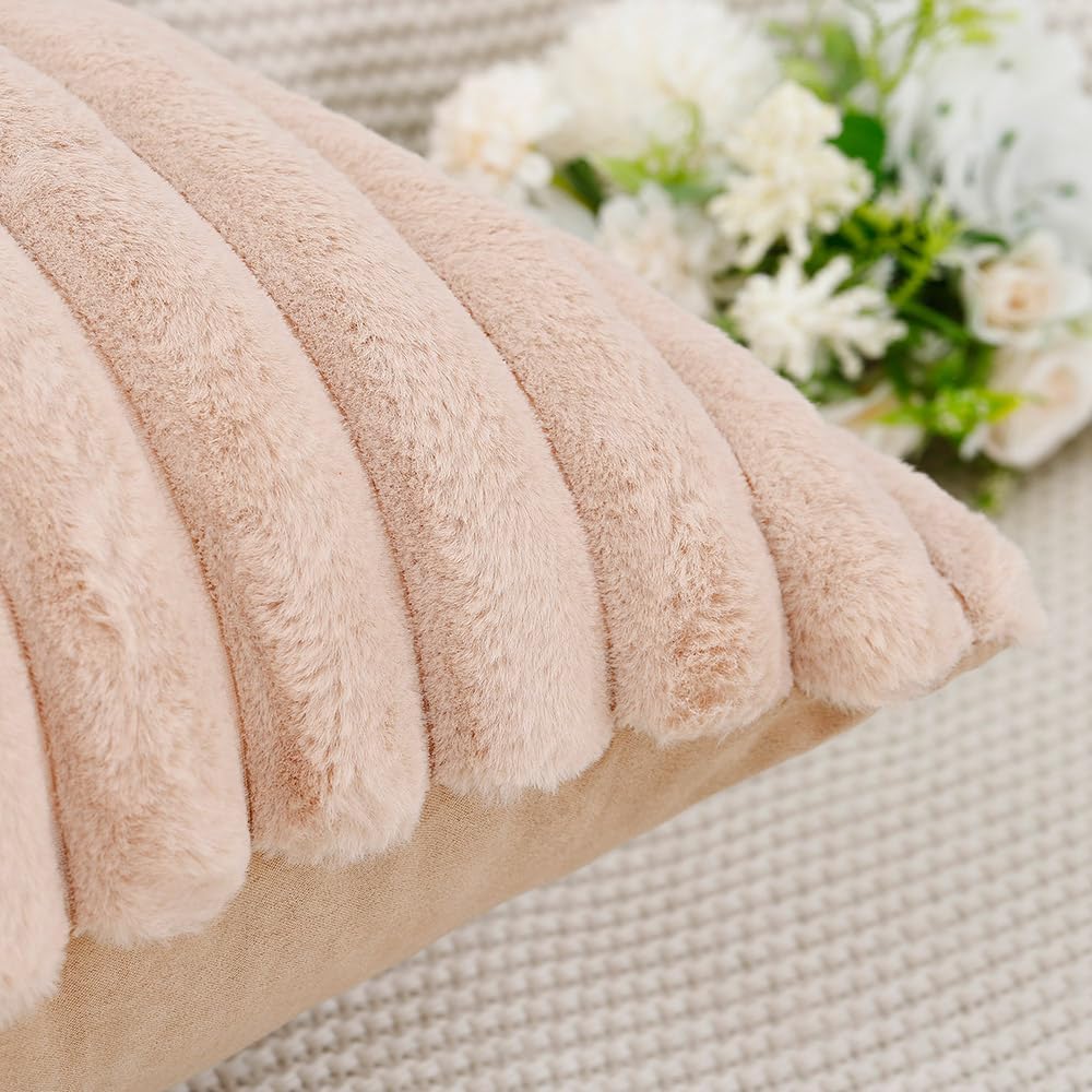 MADIZZ Set of 2 Faux Wool Plush Decorative Throw Pillow Covers 12x20 Inch Light Brown Fluffy Striped Soft Decorative Cushion Cover for Sofa Bedroom Pillow Shell