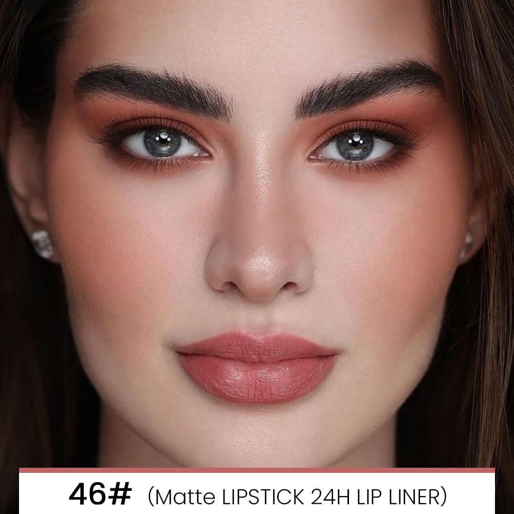 evpct 1Pcs Nude Pink Velvet Matte Lip Liner and Lipstick Combo Set Kit for Women, Magic 24 Hours Lipstick and Lip Liner Makeup Set Stain Long Lasting Waterproof labial,46#