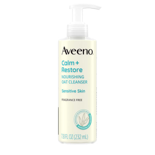 Aveeno Calm + Restore Nourishing Oat Face Cleanser for Sensitive Skin, Gentle Milky Cleanser with Nourishing Oat & Feverfew, to Preserve Skin's Moisture Barrier, Fragrance-Free, 7.8 fl. oz