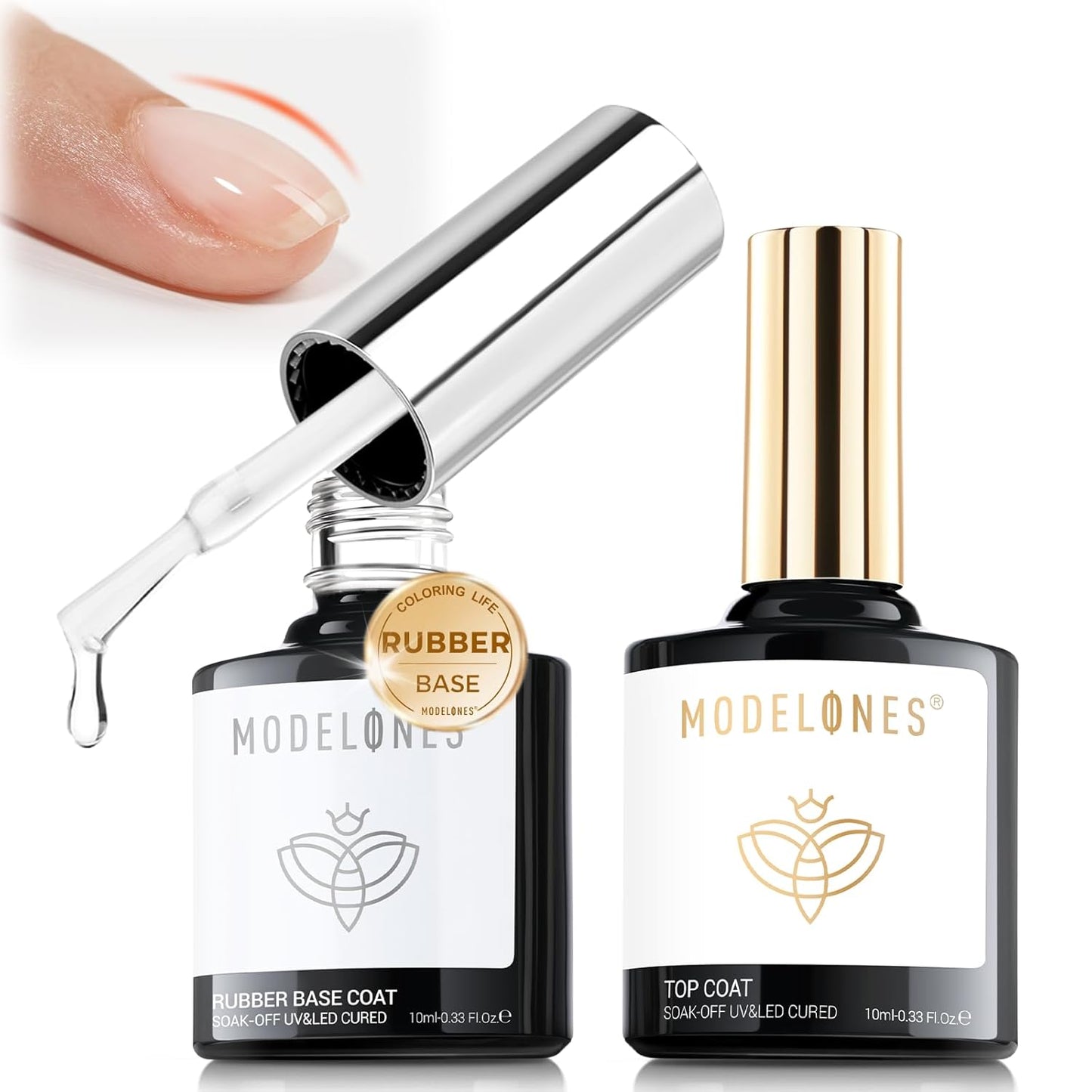 modelones Rubber Builder Gel Base and No Wipe Top Coat Set, 2Pcs Rubber Base and Clear Top Coat Gel Nail Polish for Strengthener Apex Building Long Last Soak Off Uv Fall Manicure Tables Thin Weak Nail