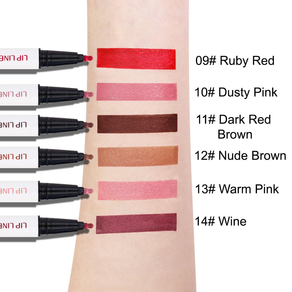2Pcs Longwear Liquid Lip Liner Stain Marker Pen Set Long Lasting Waterproof, Dark Ruby Red Matte Semi Permanent 24 Hour Lip Liner and Lipstick Combo, Color Stay Lipliner All Day, Lips Stain peel off