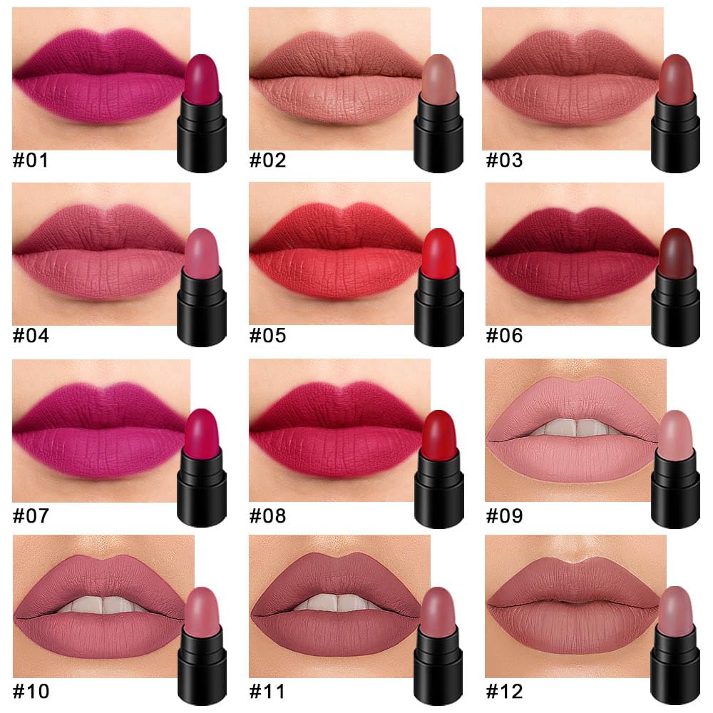 evpct 12Pcs Mini Pills Lipstick Capsule Set for Women Waterproof Long Lasting, Dark Ruby Plum Rose Red Nude Pink Mauve Taupe Brown Matte Small Magic Permanent 24 Hour Lipstick Bulk Samples 01
