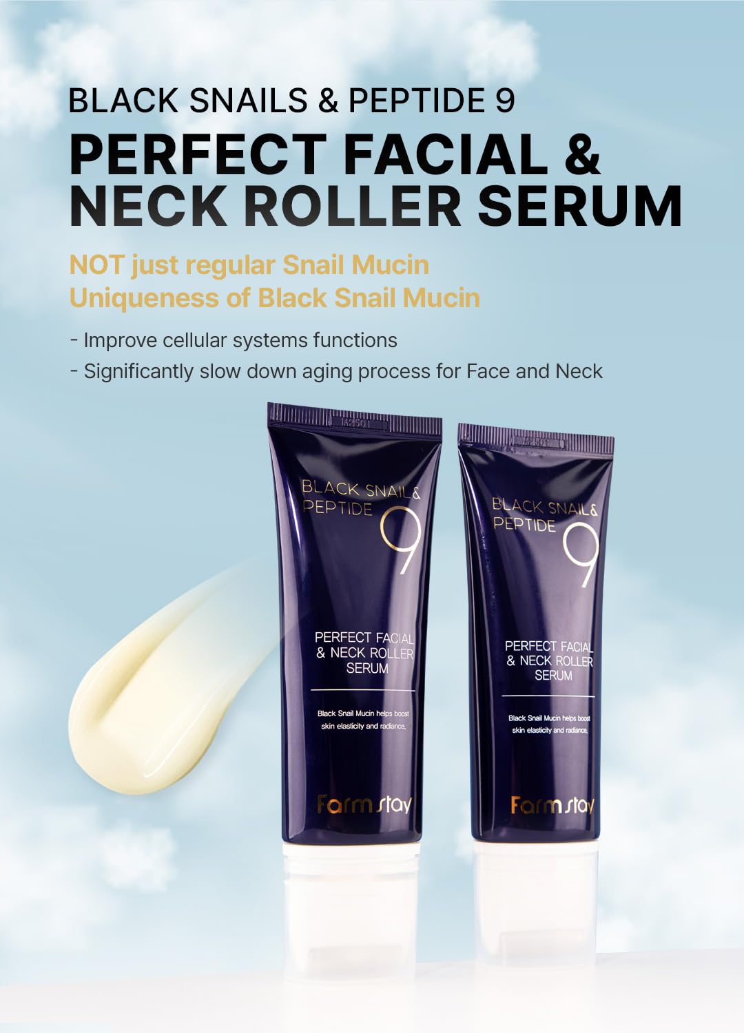 Farmstay Black Snail & Peptide 9 Perfect Facial & Neck Roller Serum – Firming & Lifting, Deep Hydration & Skin Elasticity, Snail Mucin & 9 Peptides for Youthful Glow & Smooth Skin, 100ml