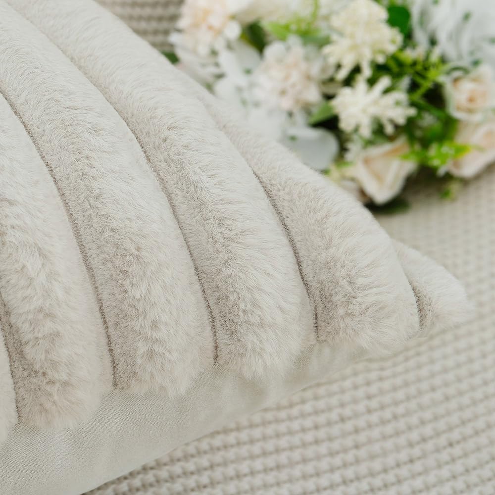 MADIZZ Set of 2 Faux Wool Plush Decorative Throw Pillow Covers 26x26 Inch Greyish White Fluffy Striped Soft Decorative Cushion Cover for Sofa Bedroom Pillow Shell