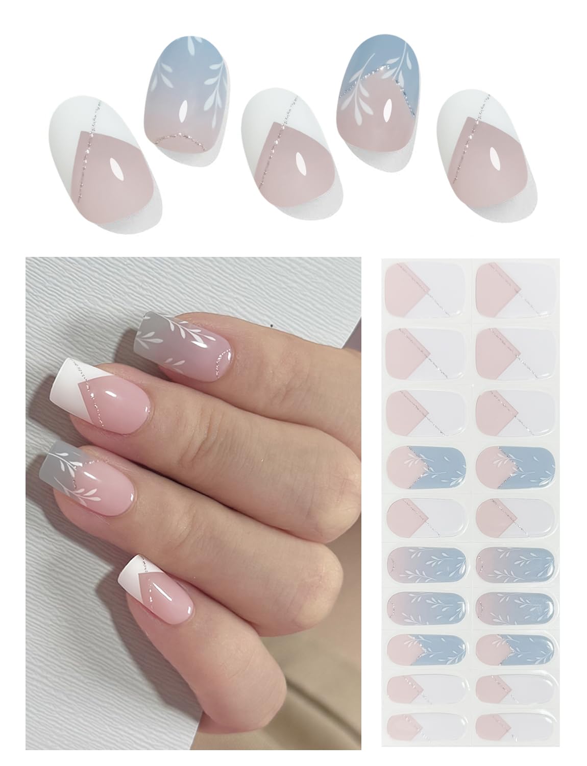 Semi Cured Gel Nail Strips, 20PCS B French Gradient UV Gel Nail Wraps, Gel Nail Stickers, UV Light Required