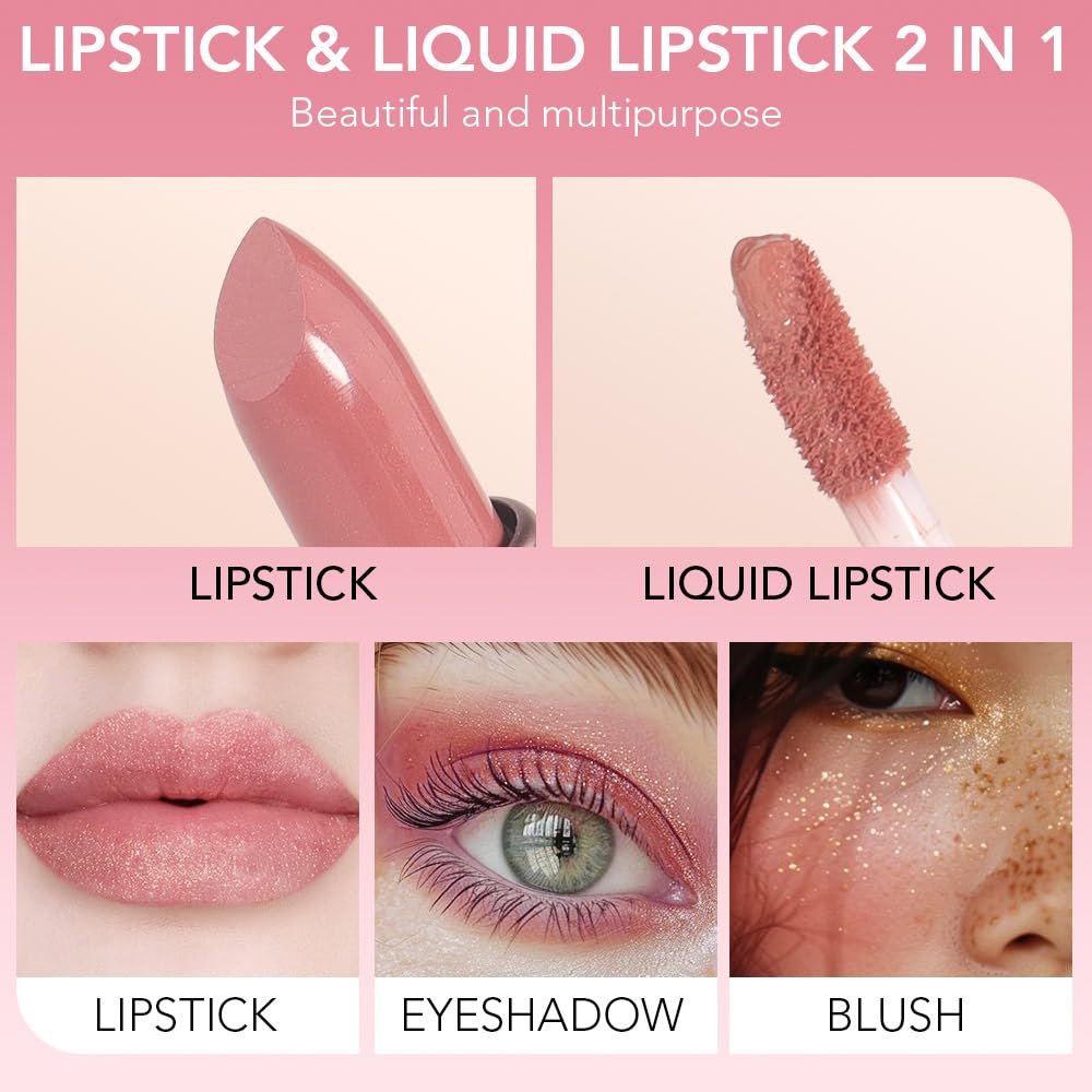evpct 2 in 1 Rose Nude Glitter Metallic Shimmer Diamond Lipstick and Lip Gloss Set for Women Long Lasting Waterproof, Bright Rose Pink Sparkle Glitter Shiny Lipstick and Lip Liner Makeup Set, 02#