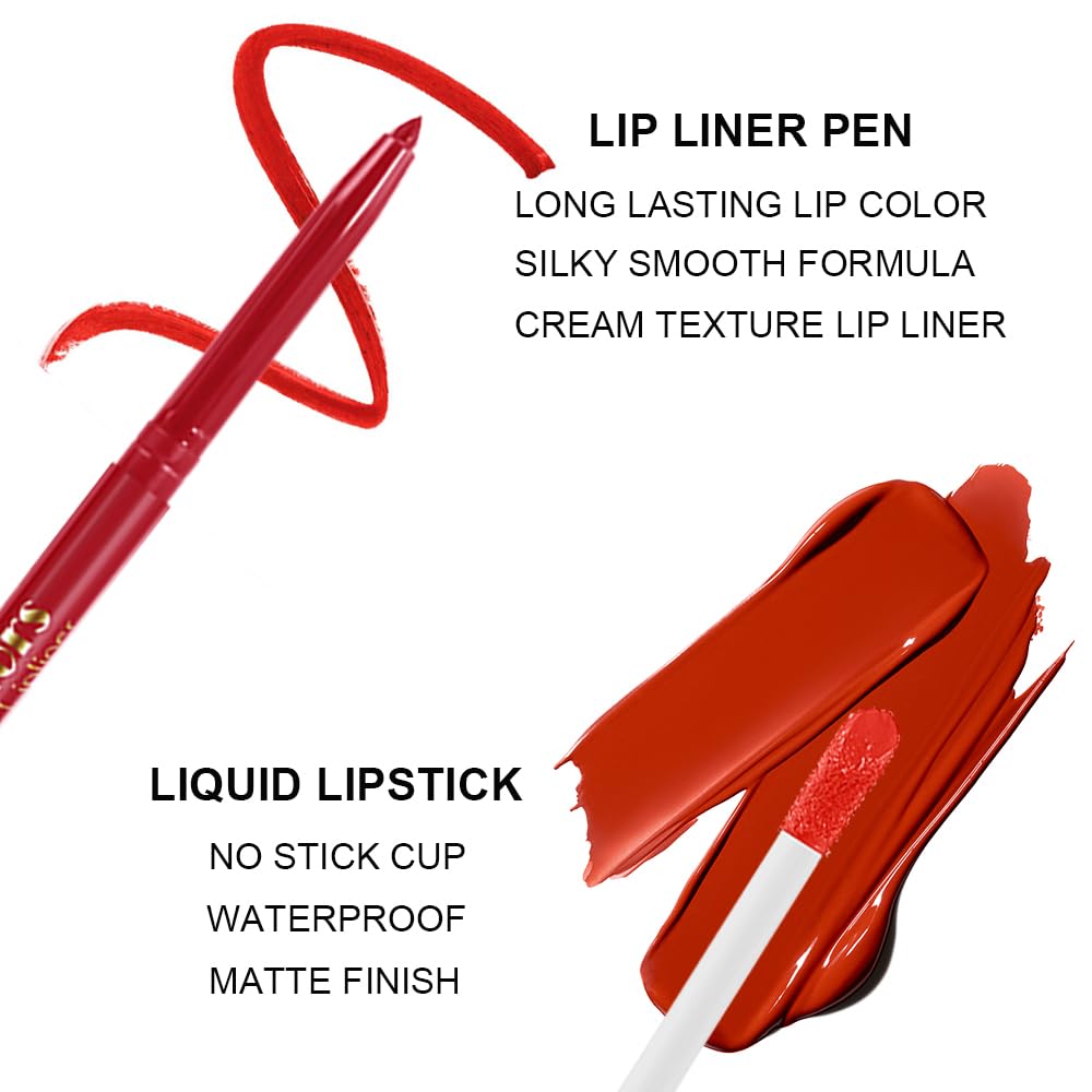 6 Colors Liquid Lipstick + Lip Liner Pen Makeup Set, Super Stay Matte Finish Lip Stain and Define Lip Liner Pencil Gift Set for Women, Longwear, Waterproof, 1PC Lip Glow Oil Include