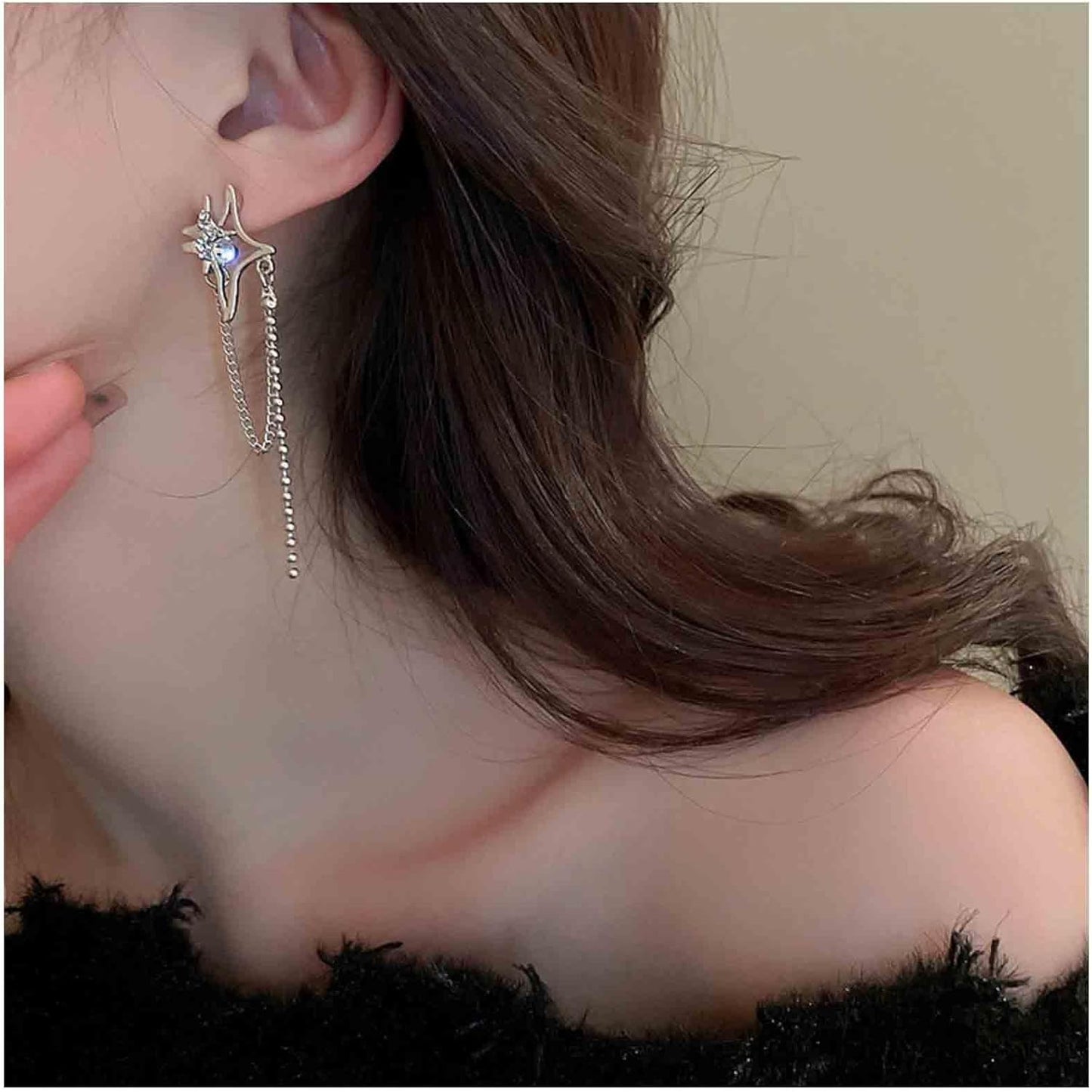 Vintage Crystal Northstar+Chain Drop Earrings Silver Tassel Chain Earrings Rhinestone Northstar Stud Earrings Long Beaded Chain Tassel Earrings Jewelry for Women