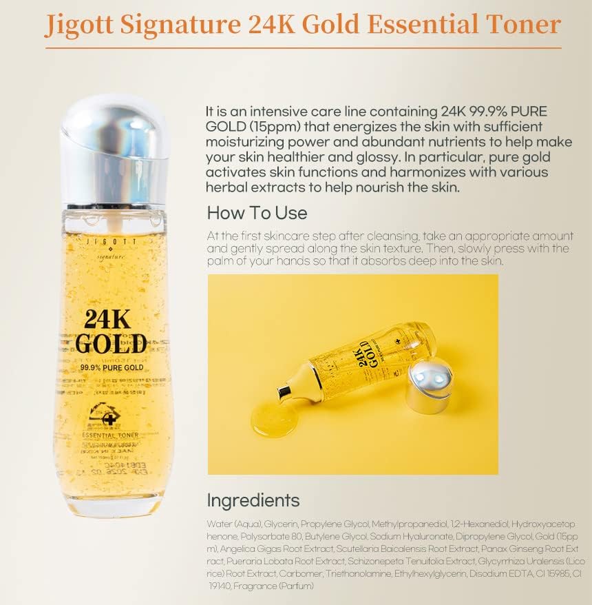 Signature 24K Gold Essential Skin Care 3 Set - Toner (150ml), Emulsion (150ml), Cream (50ml) - Korean Skincare for Healthy and Glowing Skin