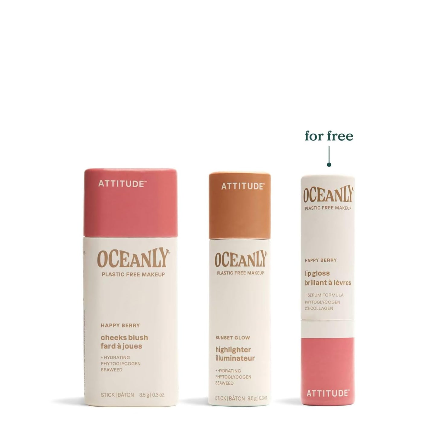 ATTITUDE Happy Berry Makeup Trio Set, EWG Verified, Titanium Dioxide-Free, Plastic-free, Plant and Mineral-Based Ingredients, Vegan and Cruelty-free Beauty Products, Set of 3 Makeup Sticks