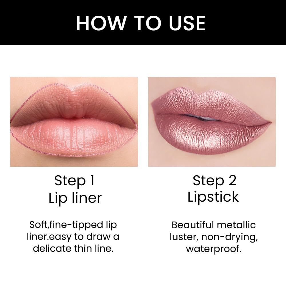 Kaely 2-in-1 Rose Nude Pink Metallic Shine Shimmer Lip Liner & Lipstick Combo Set Kit for Women, Lightweight Hydrating Formula High Impact Full Coverage Lipstick and Lip Liner Makeup Gloss 17
