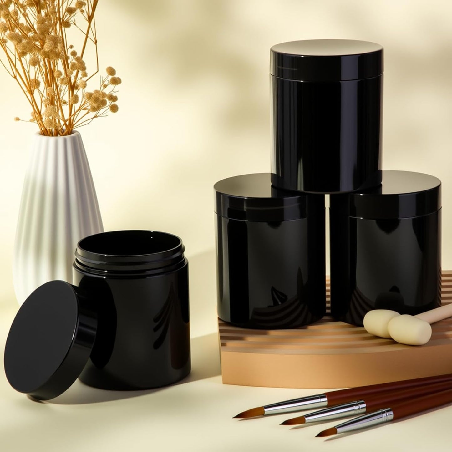 Patelai 4 Pieces Round Wide-mouth Leak Proof Plastic Container Jars with Lids for Travel Storage Makeup Beauty Products Face Creams Oils Salves Ointments DIY Making(8 Ounce,Pure Black)