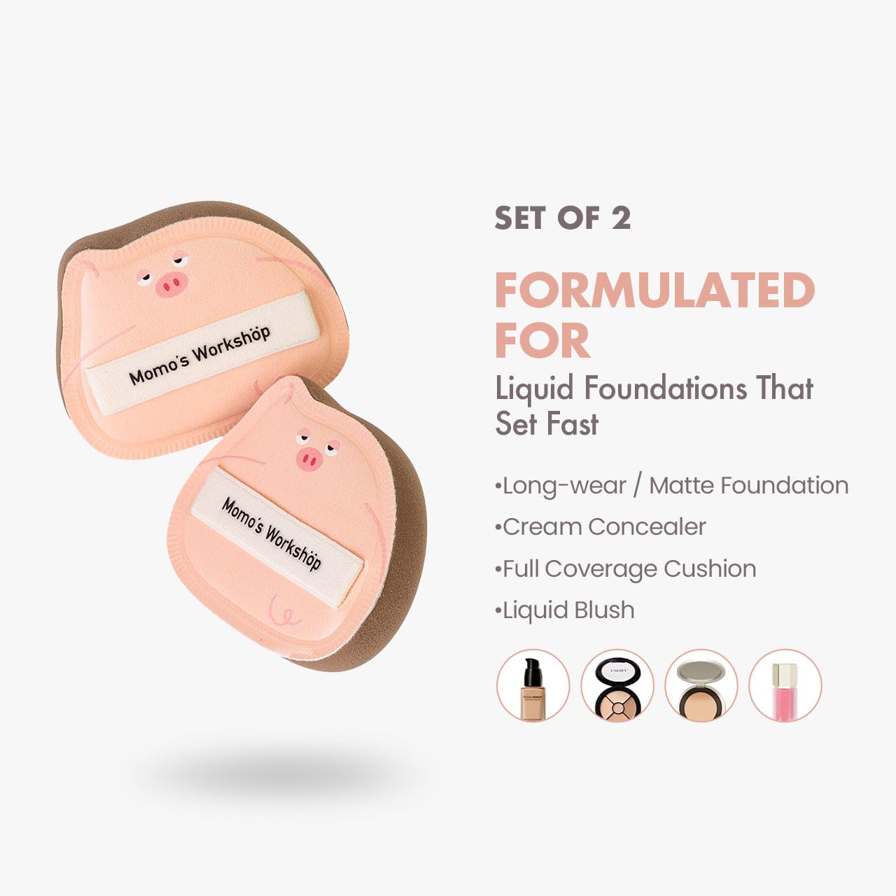 Sleepy Pig Puffs, Makeup Sponges Set, Dry&Wet Dual-Use Foundation Sponge - Hydrophilic Polyurethane, Expands 1.3x When Wet for Cream Foundation/Liquid Blush/Highlighter,2pcs Puffs & Storage Case