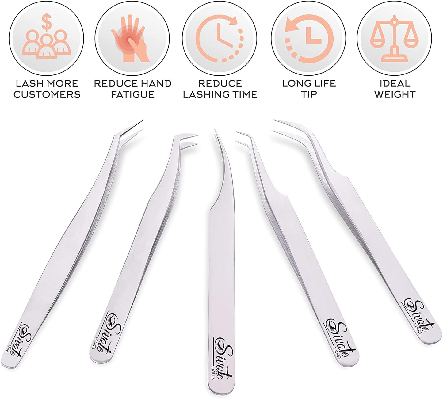 SIVOTE Eyelash Extension Tweezers for Classic & Volume Lashes, 5-Pack, Silver