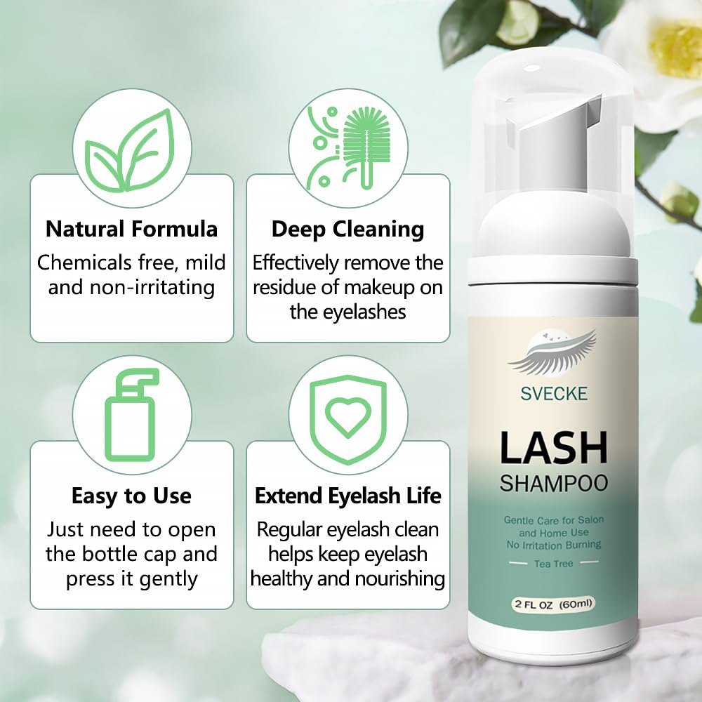 Lash Shampoo Kit Eyelash Extension Cleanser, Eyelash Shampoo for Lash Extensions, Lash Cleaner Eyelid Foam Cleaning Kit for Salon Home Use (Tea Tree)