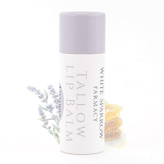 Organic Tallow Lip Balm (Lavender & Honey) from Grass Fed Cows. Super hydrating with Tallow, Olive Oil, Honey, and Beeswax. Sustainable Cardboard Tubes & Hand Filled. Jumbo Size 0.5 oz.