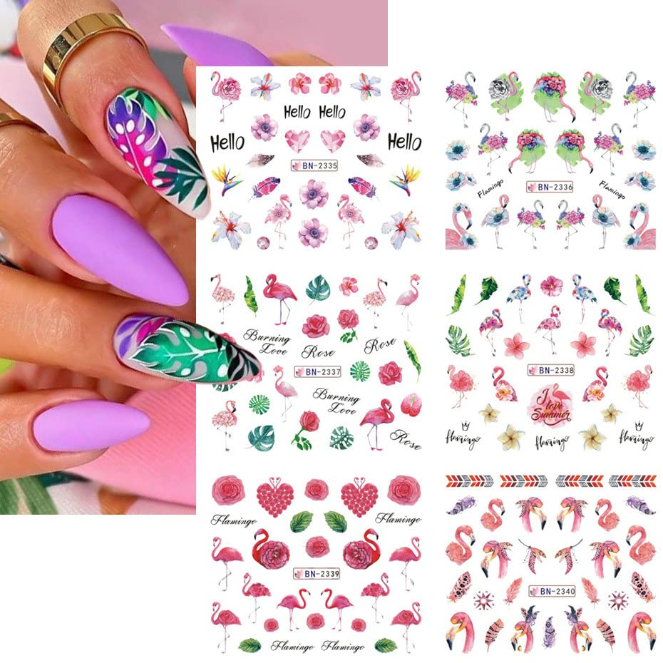 Flamingo Nail Art Stickers Water Transfer Nail Decals Summer Nail Art Decoration Palm Leaves Flowers Cactus Designs Acrylic Nail Stickers Manicure for Women DIY Nails 12 Sheets