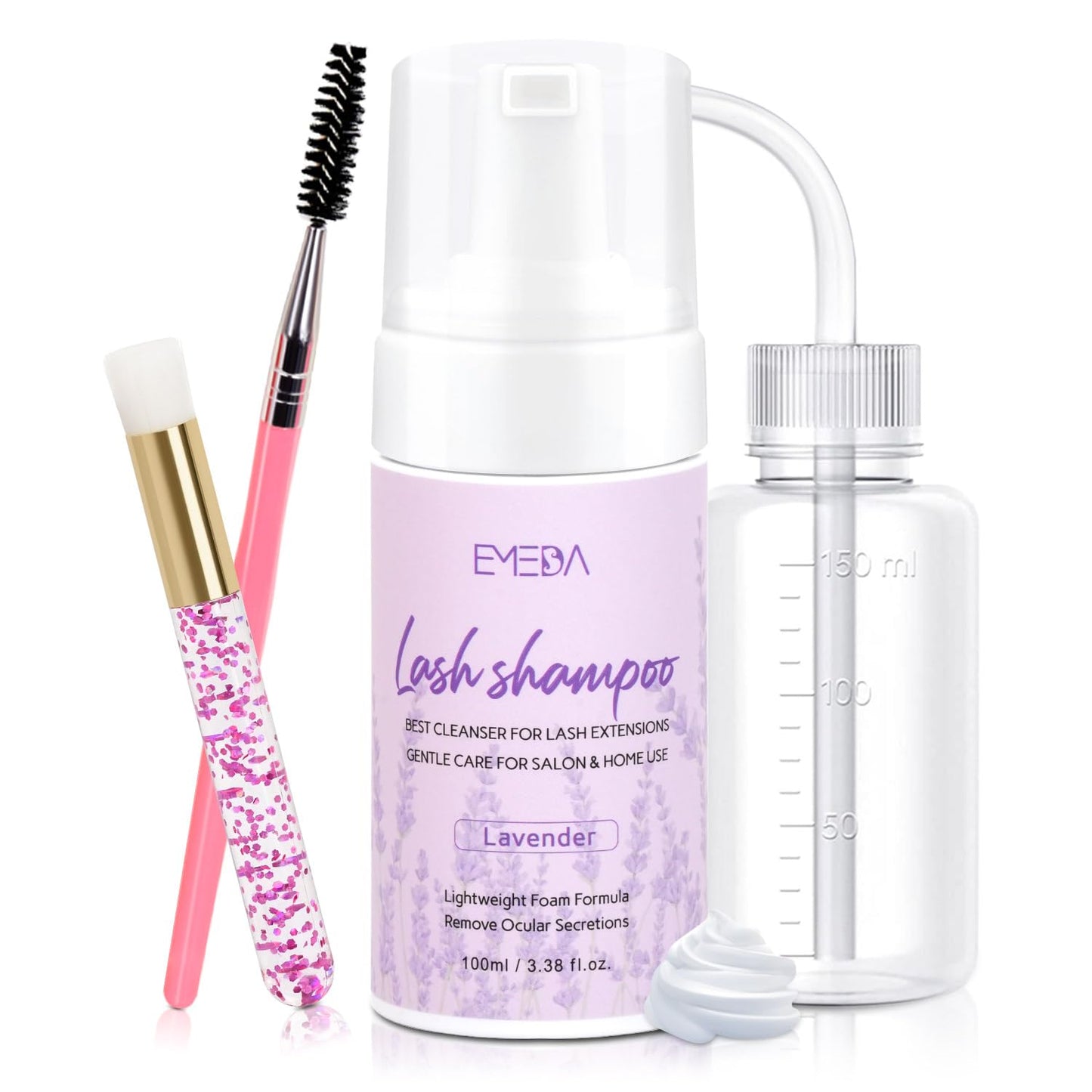EMEDA Lash Shampoo Kit - 3.38 fl.oz / 100ml Gentle Foam Lash Cleanser, Oil-Free Cleaning for Wash Extension/Natural Eyelash Bath with Rinse Bottle Brush (Lavender)