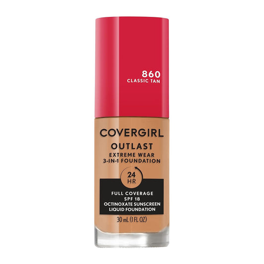Covergirl Outlast Extreme Wear 3-in-1 Full Coverage Liquid Foundation, SPF 18 Sunscreen, Classic Tan, 1 Fl. Oz.