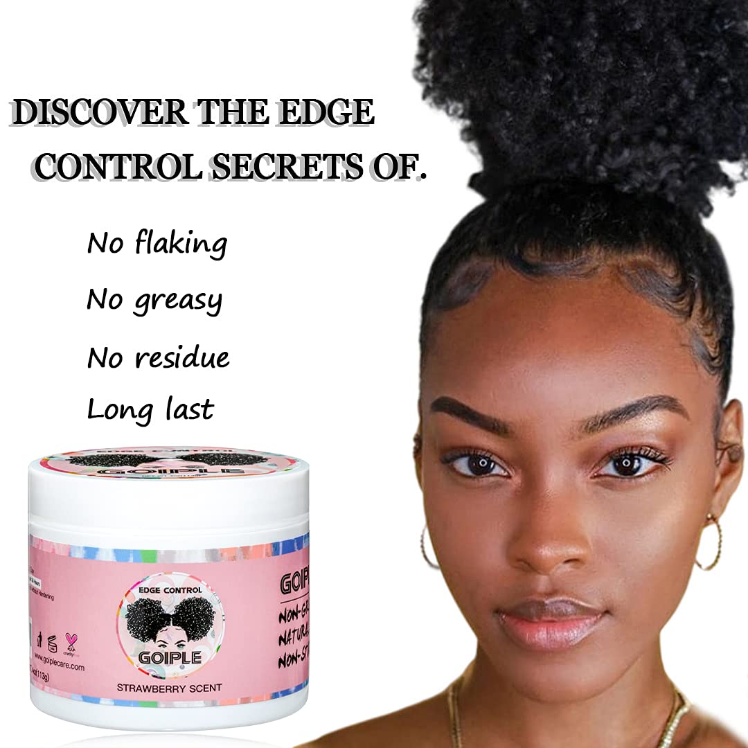 Goiple Edge Control Wax for Women Strong Hold Non-greasy Edge Smoother Strawberry Scent (4oz Edge Control + 0.7oz Travel Szie Edge Control Wax + Edge Brushes*2+Tie Band*2)