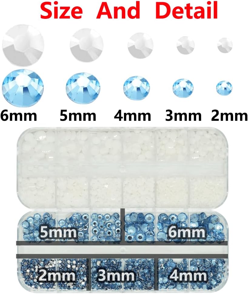 Light Blue White Rhinestones for Bedazzling With B7000 Glue, 2mm 3mm 4mm 5mm 6mm (SS8-SS30) Non-Hotfix Flatback Baby Blue White Nail Crystals Gems Beads for Bedazzle Crafting, DIY Nail Art