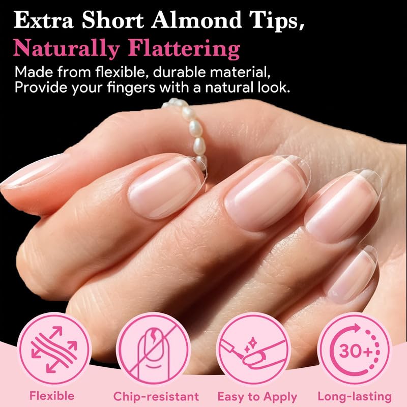 Extra Short Almond False Nail Tips, 15 Sizes 510 PCS Clear Soft Press On Fake Nail Pre-shaped Half Matte Full Cover Gel Nail Tips Extensions Thick Long Lasting for DIY Beginners & Salon Manicure