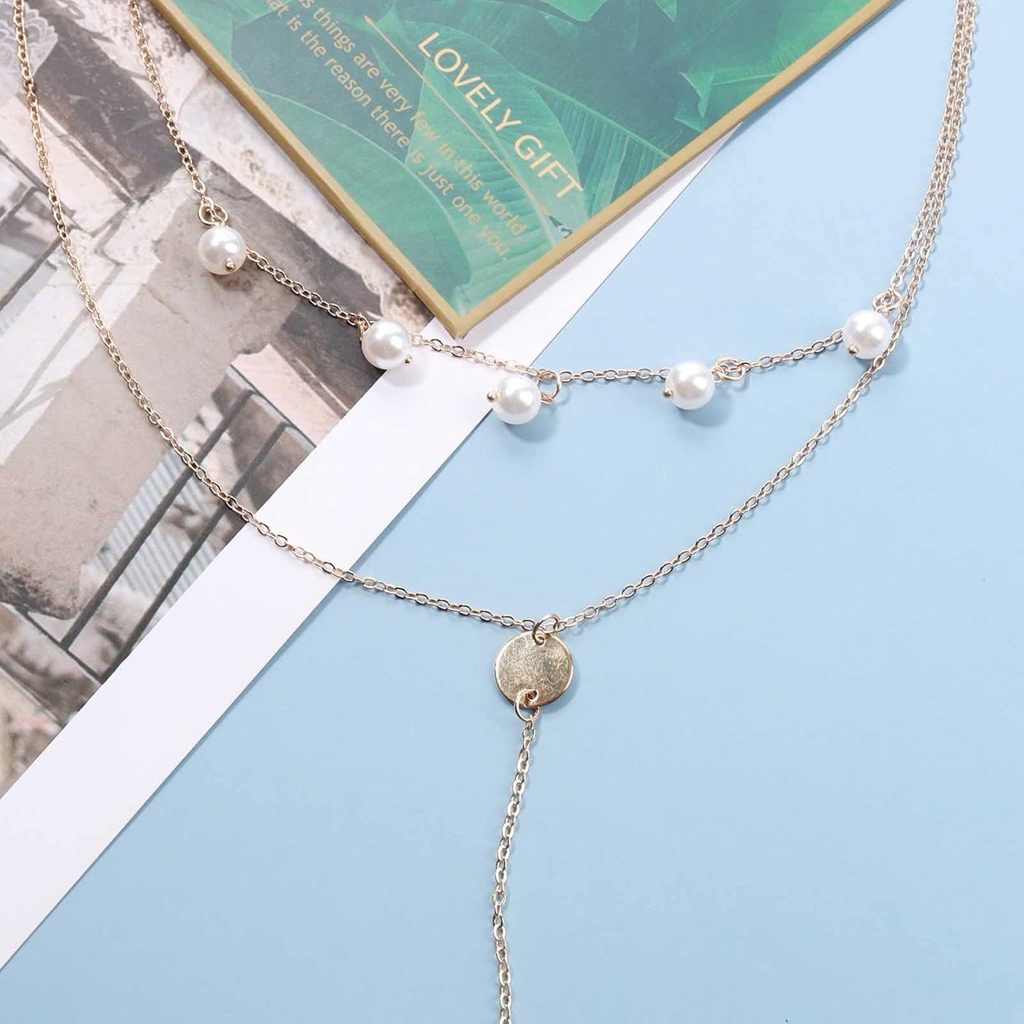 Boho Layered Disc Pearl Necklace Gold Coin Pendant Necklace Long Y Lariat Necklace Chain Vintage Pearl Dangle Chain Necklace Jewelry for Women and Girls Gifts