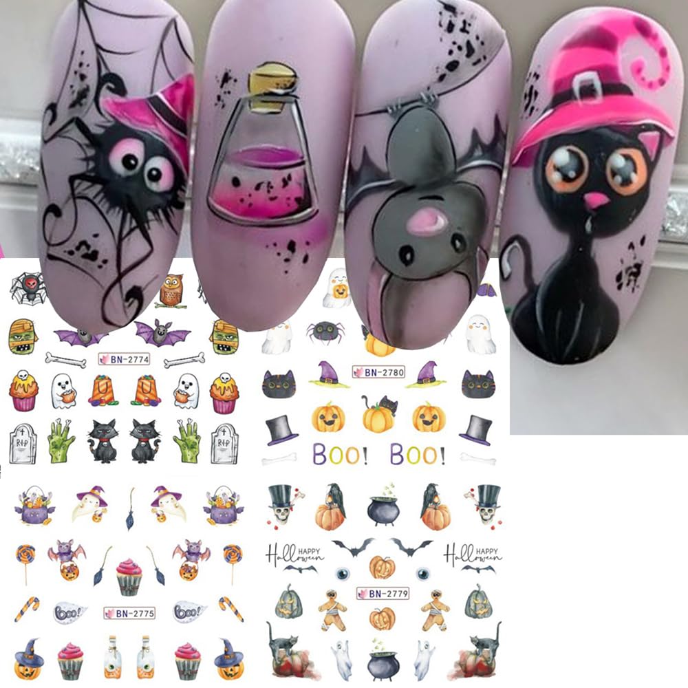 Halloween Nail Art Stickers - Spooky Ghost Pumpkin Water Transfer Foils Decals - Cartoon Witch Bat Spider Skeleton Designer Accessories for Nail Art - 12 Sheets