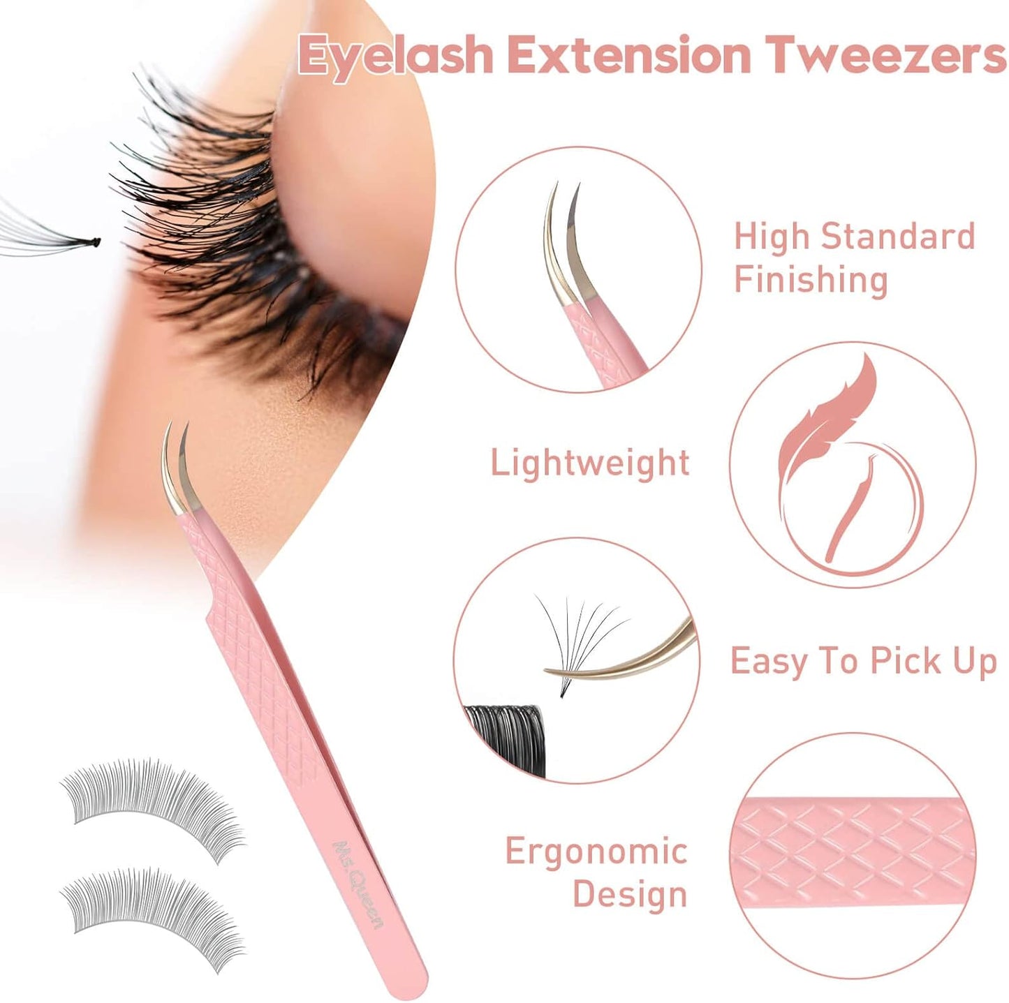 Ms.Queen Curved Tweezers for Eyelash Extensions,Diamond Grip Curved Volume Tweezers Fiber Tip Isolation Lash Tweezers