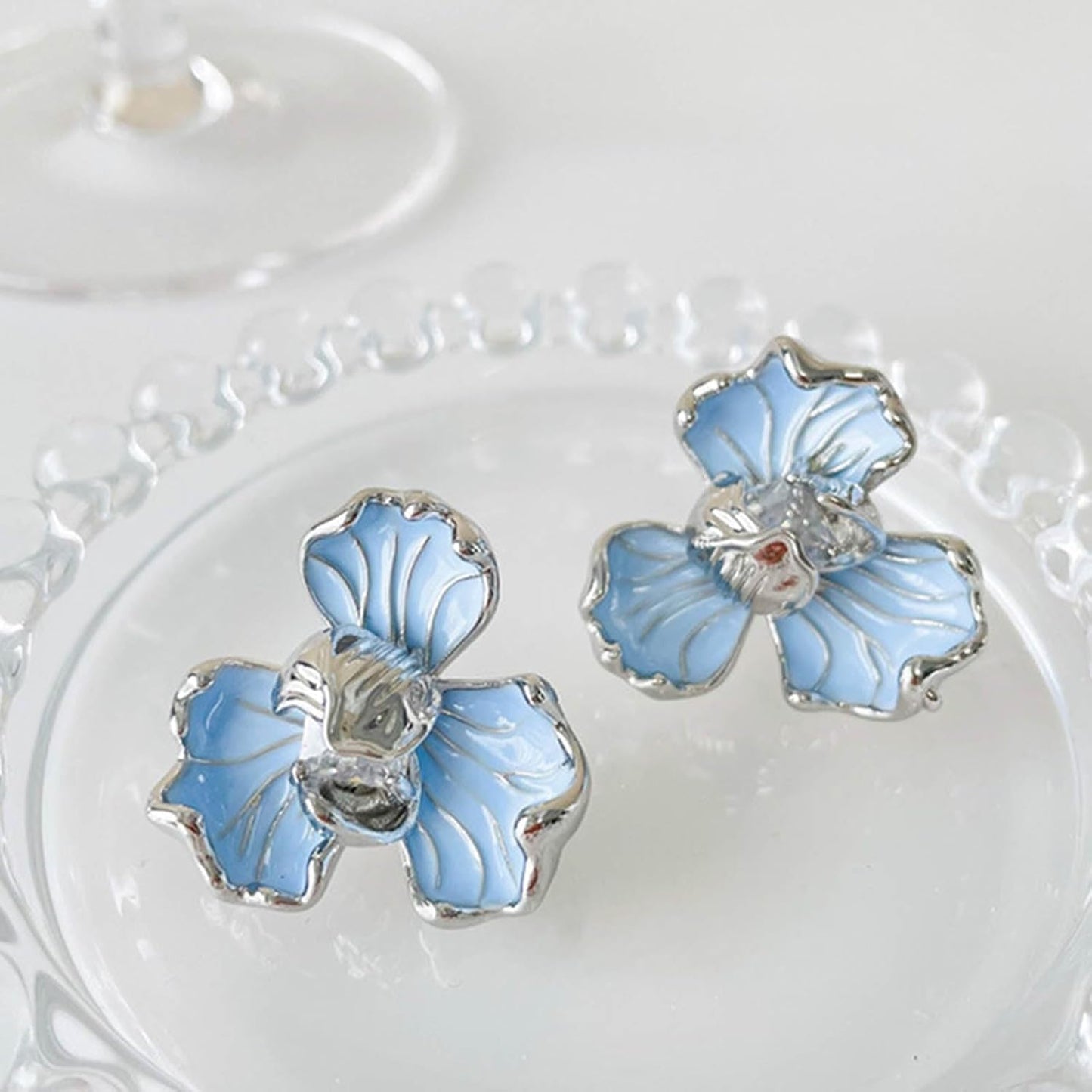Unique Blue Flower Earrings Studs Vintage Floral Petal Earrings Statement French Blue Iris Flower Earrings Studs Bridal Wedding Prom Earrings Jewelry for Women