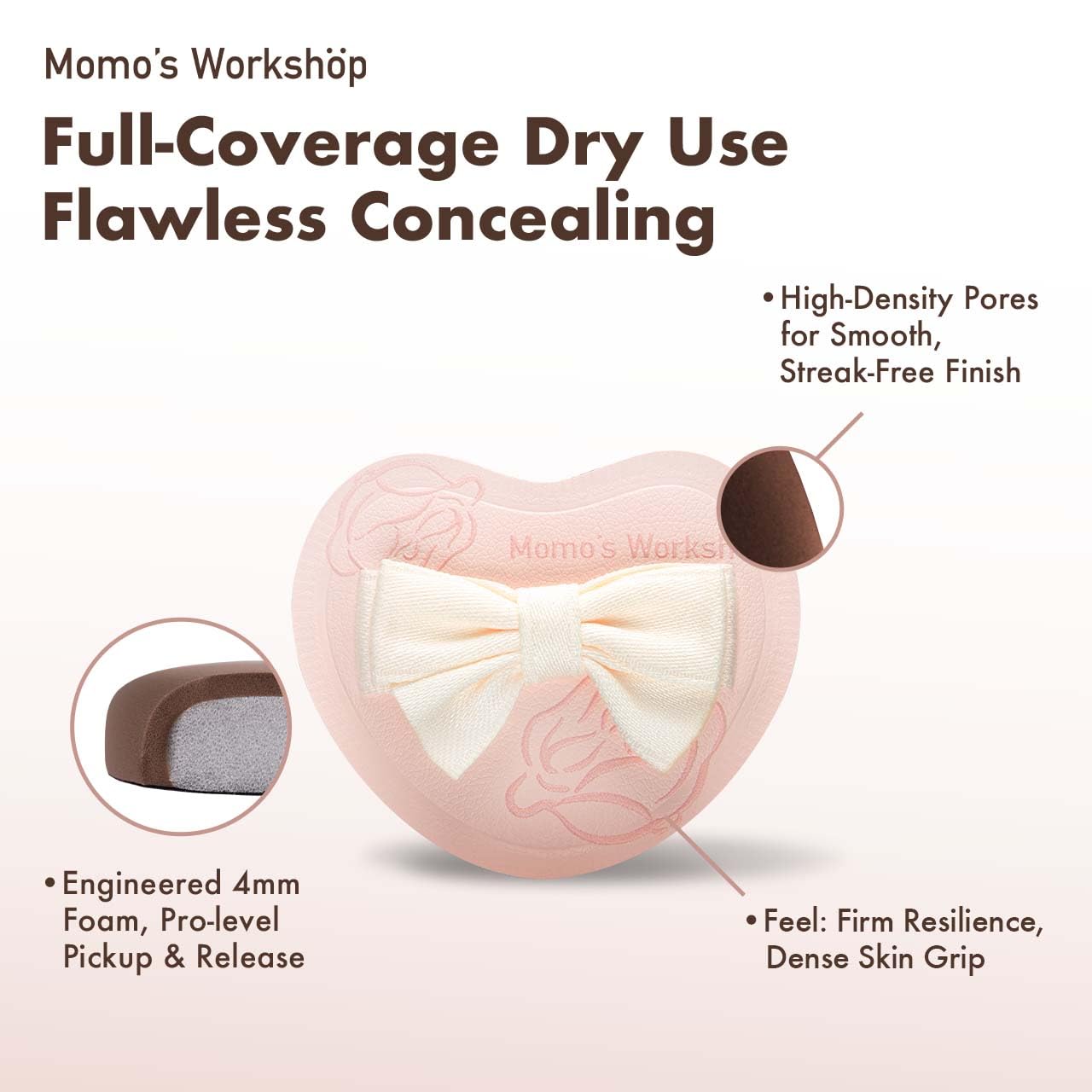 Heart-Shaped Makeup Sponge,Firm Bounce Rubycell, Foundation Sponge with Bow Tie Strap, for Precision Blending of Concealer/Cream Products, 3-Colors,Travel Friendly & Reusable & Storage Case