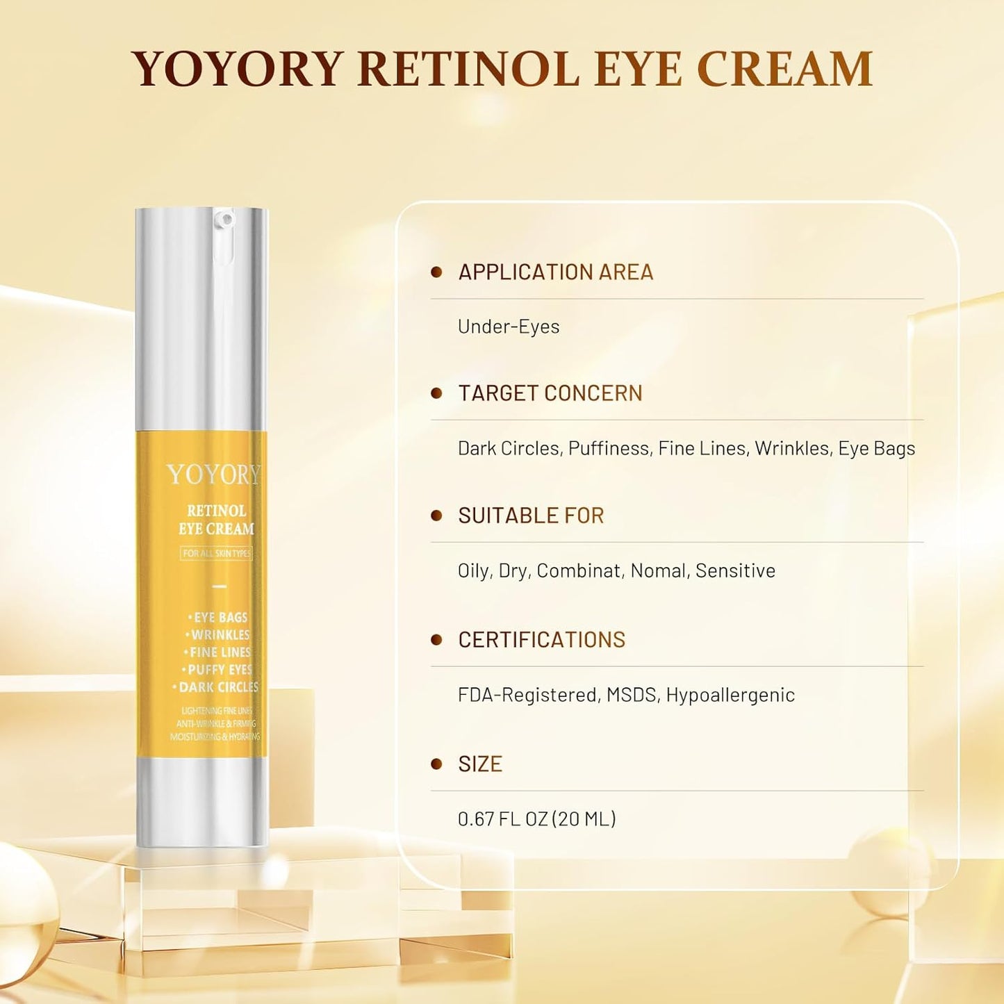Retinol Eye Cream for Dark Circles - Rapid Under Dark Circles,Wrinkles, Eye Bags, Puffiness Remover for Women and Men, Temporary Firming & Tightening Treatment 0.66 fl oz (Golden)