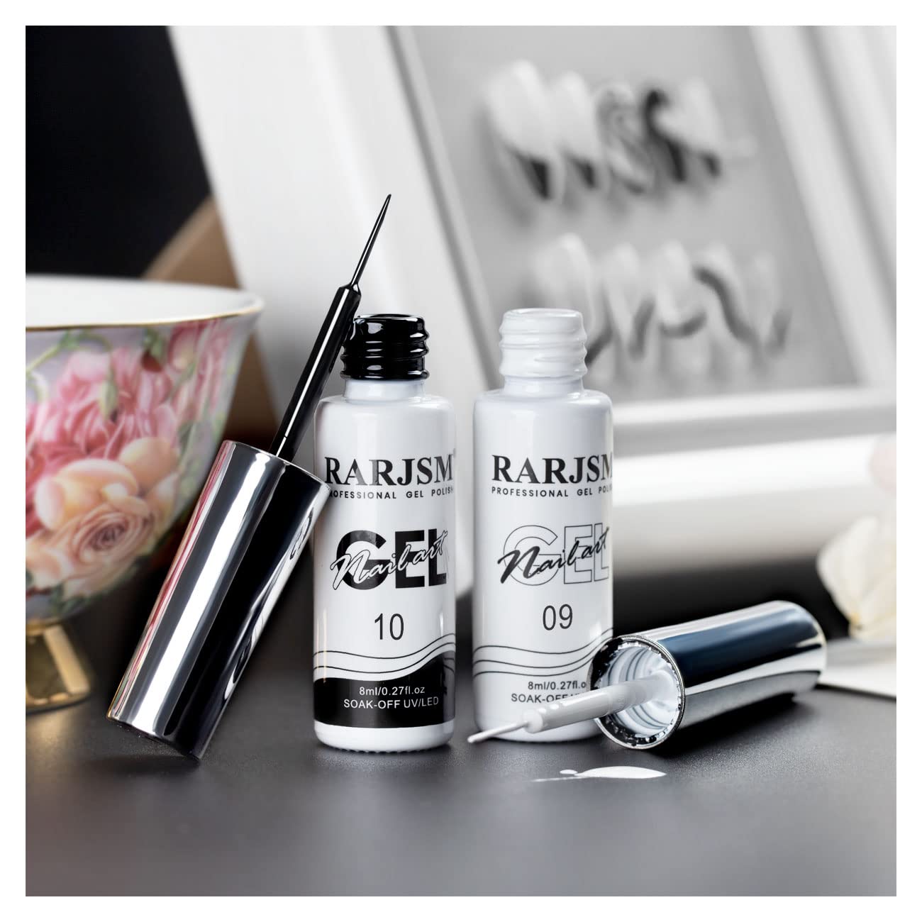 RARJSM Nail Art Gel,Liner Gel Polish,Black White Nail Design Polish Painted GelNailPolish Set 2Pcs Soak off Curing Requires 8ml Build in Thin Brush for Home Salon Diy Nails French Manicure Painting