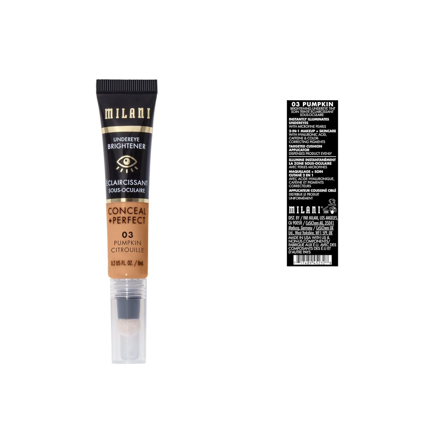 Milani Conceal + Perfect Undereye Brightener for Treating Dark Circles, Face Lift Collection - Pumpkin