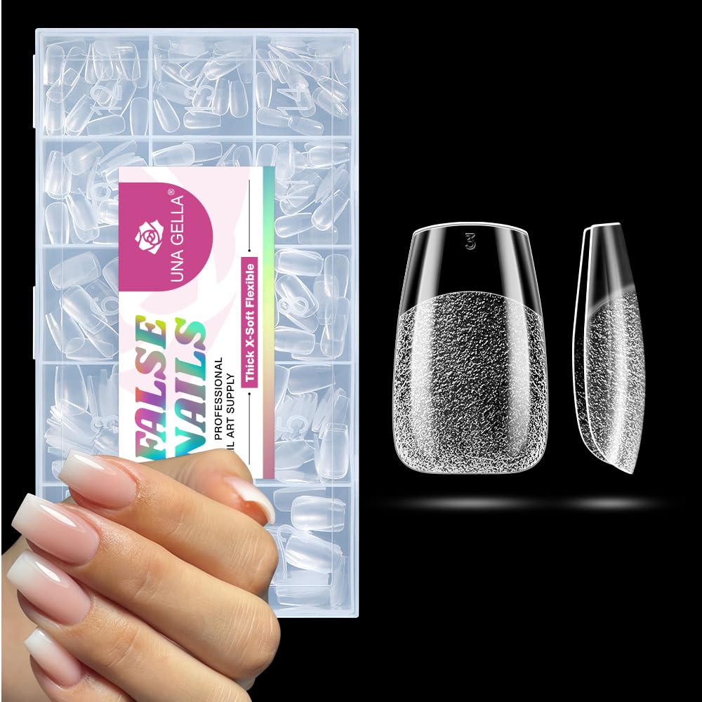 UNA GELLA Gel Nail Tips Coffin Short: 330PCS Pre-Etched Clear Coffin Acrylic Nail Tips Stronger for Press On Nails Salon, 15 Sizes Nail Extensions
