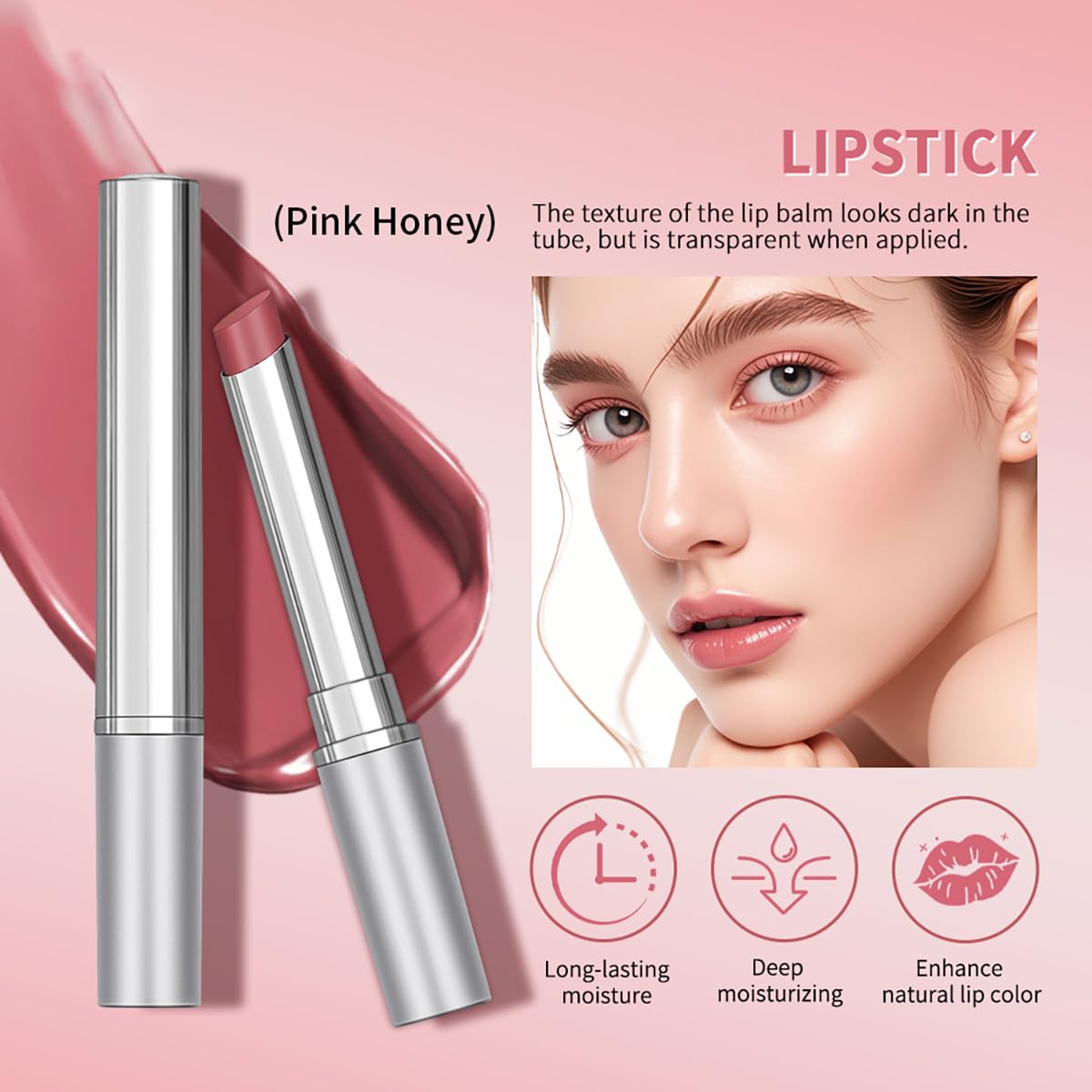 Tinted Lip Balm Lipstick, Hydrating Natural Glossy, Long-lasting Moisturizing & Nourishing Lip Care with Natural Ingredients Transparent Color (Pink, 0.07oz)