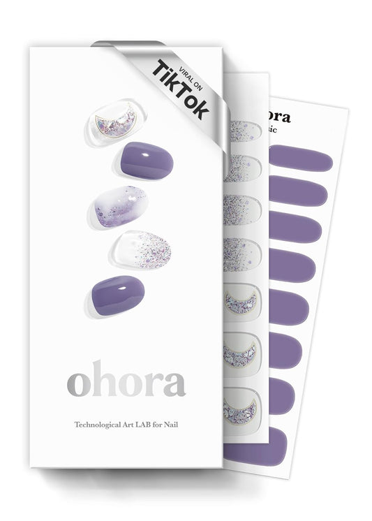 ohora Semi Cured Gel Nail Strips (N Goblin Moon) - Purple, Patterned, Works with Any UV/LED Lamps, Salon-Quality, Long Lasting, Easy to Apply & Remove - Includes 2 Prep Pads, Nail File & Wooden Stick