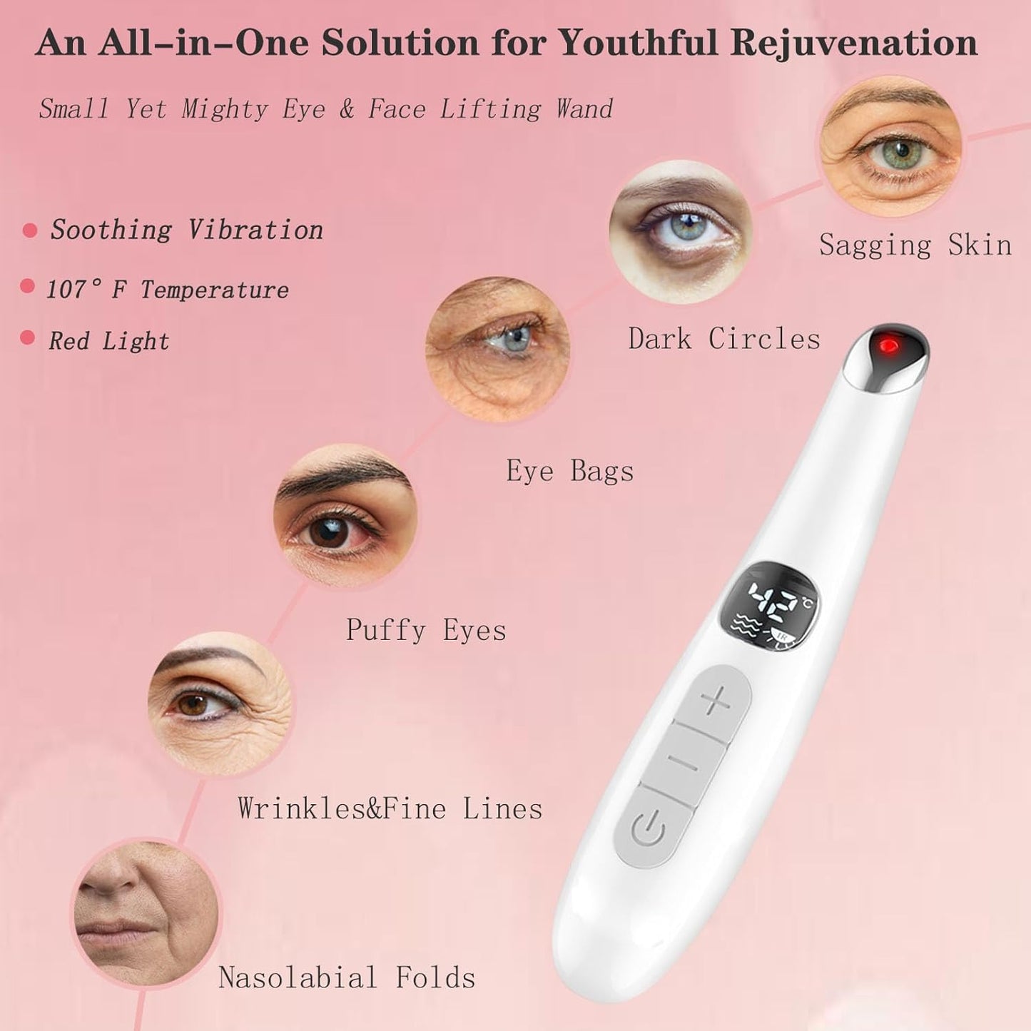 Eye Lift Wand, 3 in 1 Vibrating Red Light 98°F to 113°F LCD Display Eye Massager for Dry Eyes, Dark Circles and Puffiness, Electrical Face, Neck Sculpting Pen for Fine Lines and Wrinkles